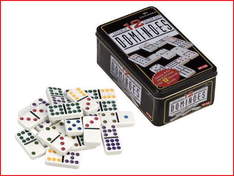 een domino dubbel 12 bestaande uit 91 stenen met gekleurde punten