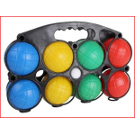 een plastic petanque set met 8 petanqueballen en een but