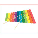 een houten xylofoon met 12 gekleurde toonplaatjes