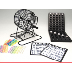 een kleine bingomolen met controlebord, balletjes, bingokaarten en bingofiches