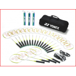 een scholenpakket badminton Yonex GR202 bestaande uit 20 badmintonrackets, shuttles, netten en een draagtas