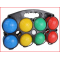 een plastic petanque set met 8 petanqueballen en een but