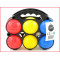 een plastic petanque set met 8 petanqueballen en een but